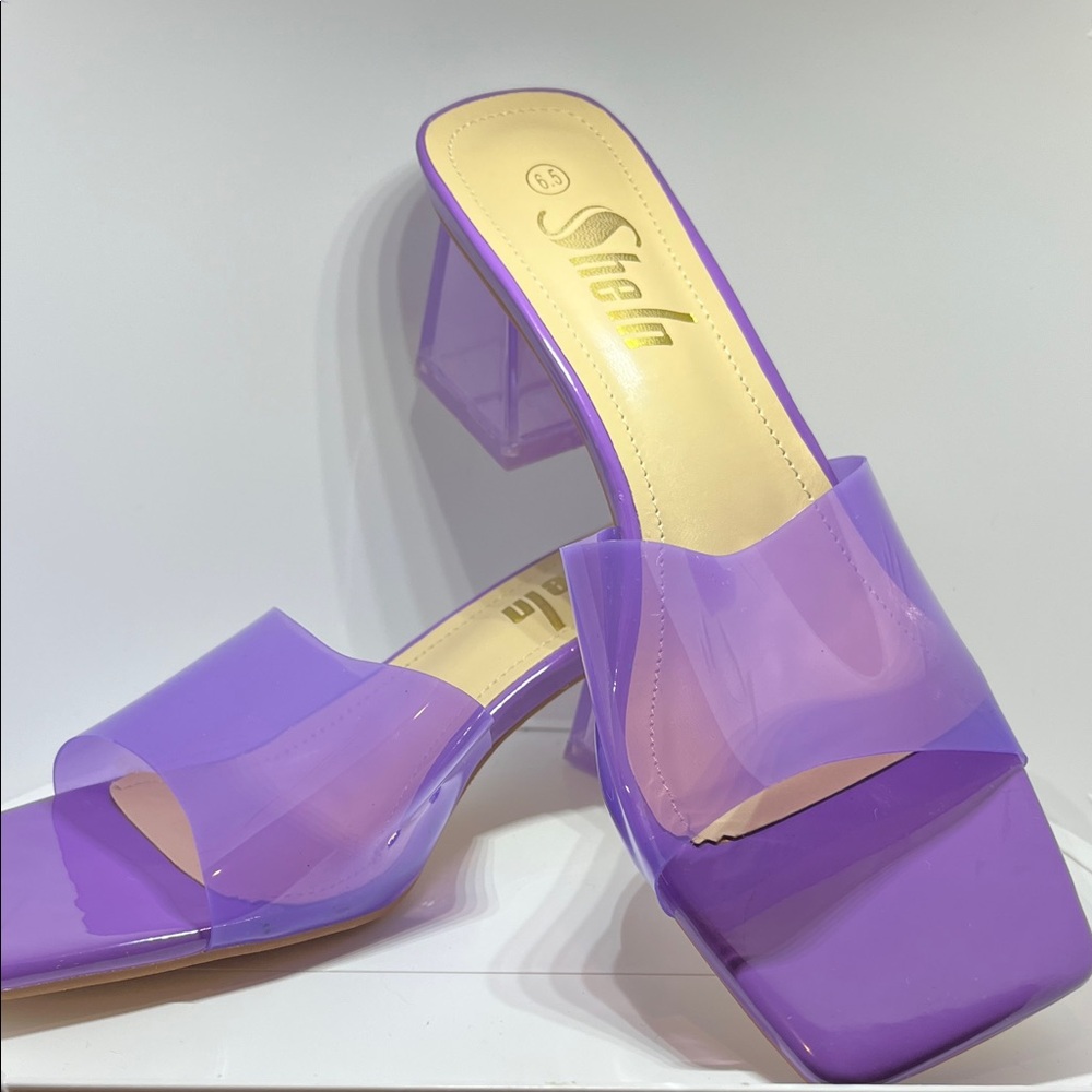 SHEIN purple sandals with a clear PVC upper and a chunky, square-shaped heel.